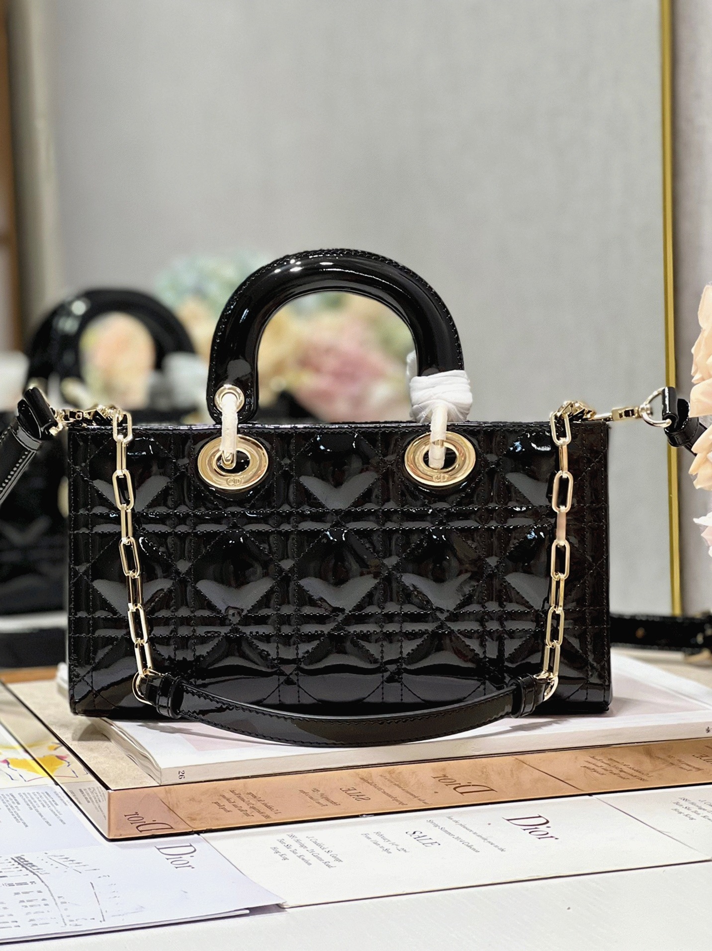 D10r Lady D-Joy Medium Bag Faux in Black Patent Cannage Calfskin