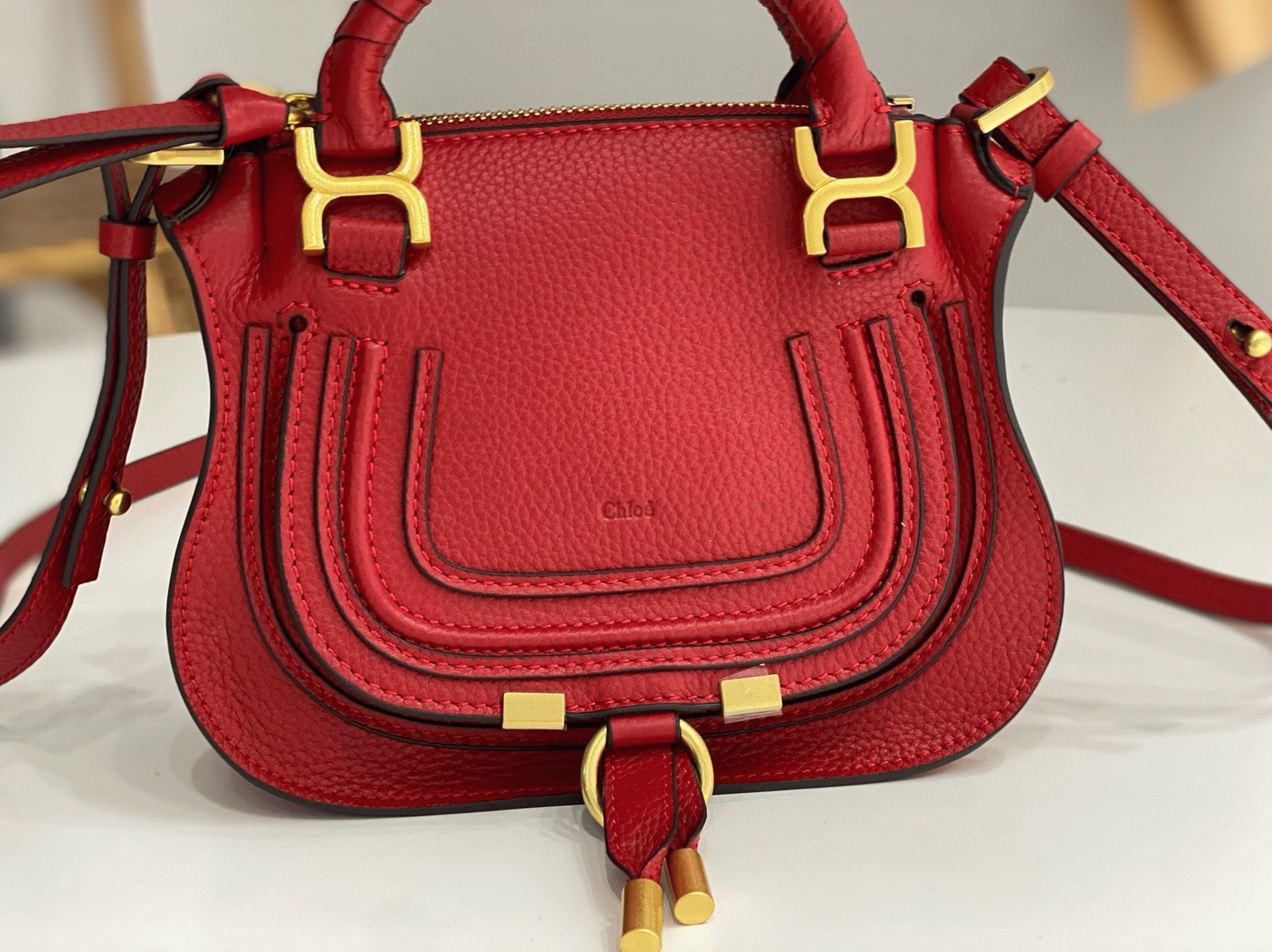 Red Grained Leather Chloe Marcie Mini Double Handle Fake Bag