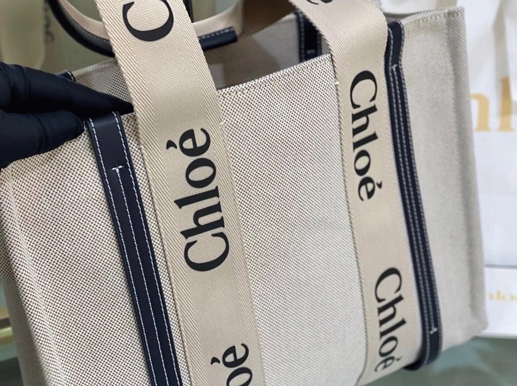 Top Quality Knockoff Chloe Medium Woody Tote Bag in Canvas with Blue Leather Strips