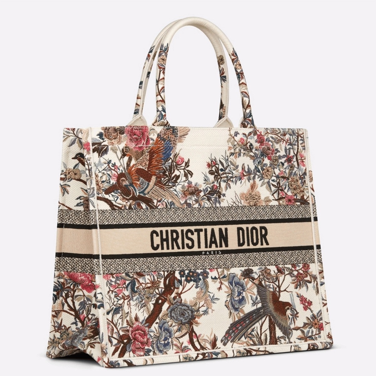 D10r Large Book Tote Bag Fake in White Jardin d Hiver Embroidery