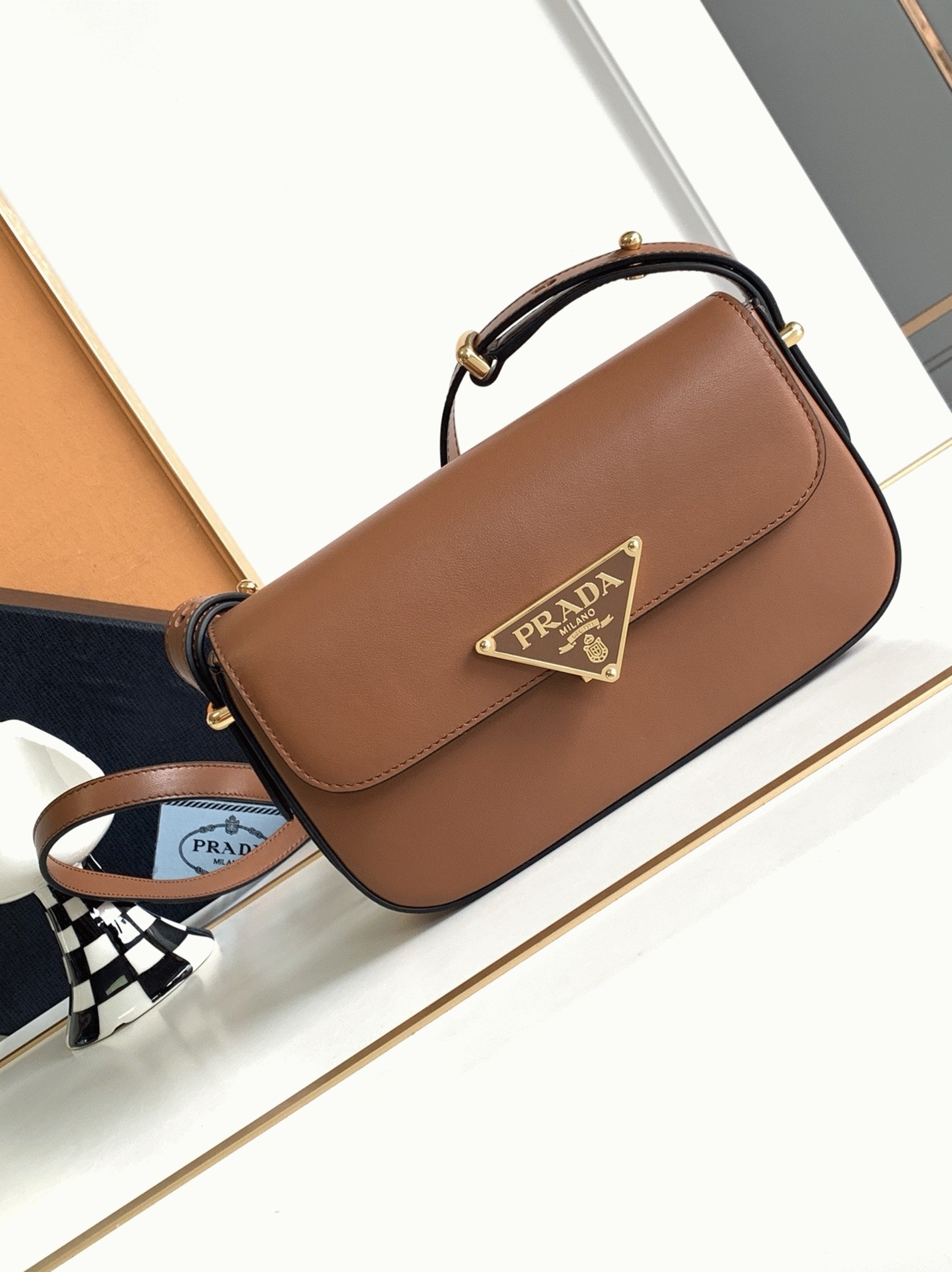 Pra*a Shoulder Bag Knockoff in Cognac Smooth Calfskin