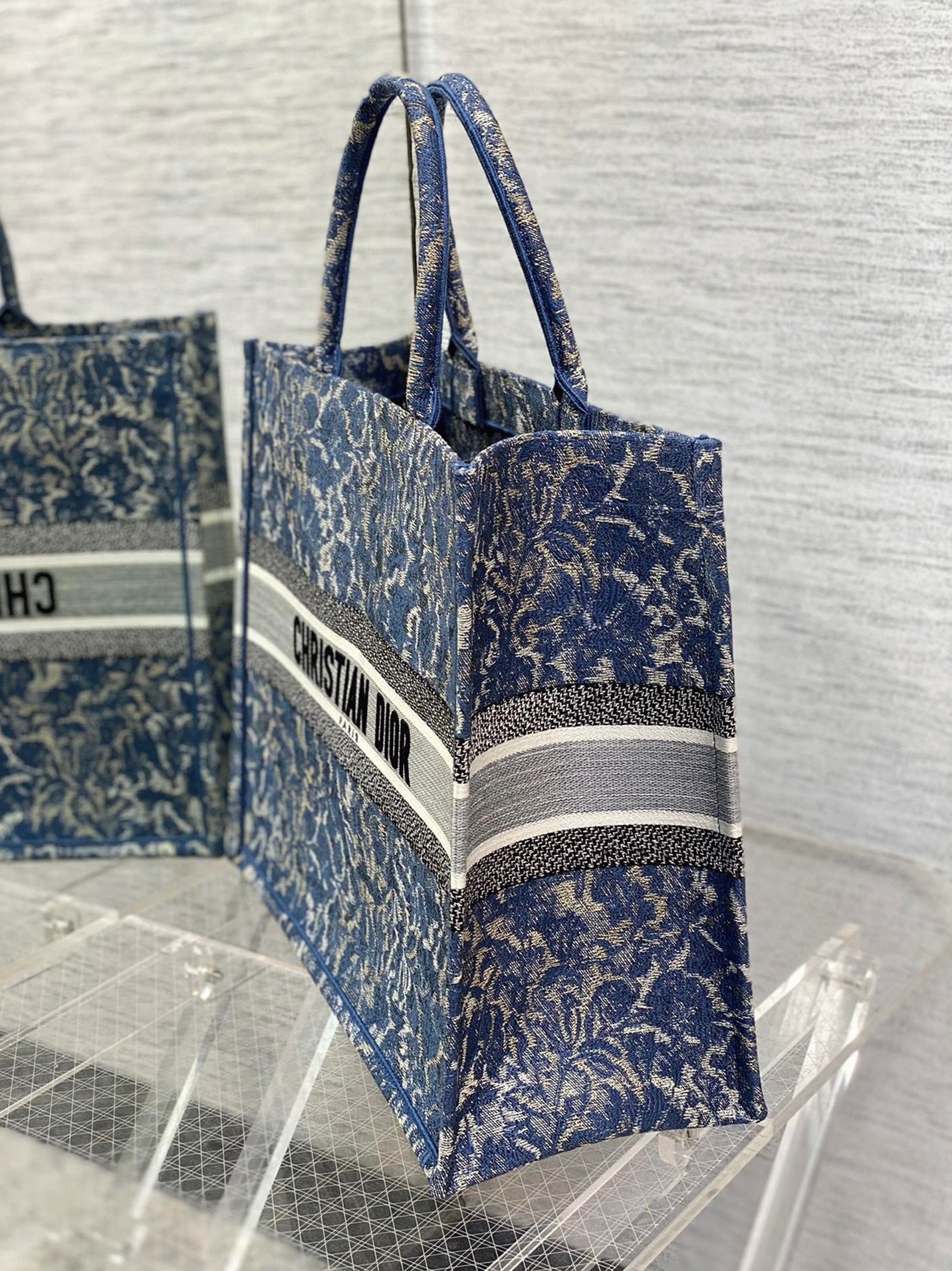 D10r Large Book Tote Bag Replica in Blue Brocart Denim-Effect Embroidery