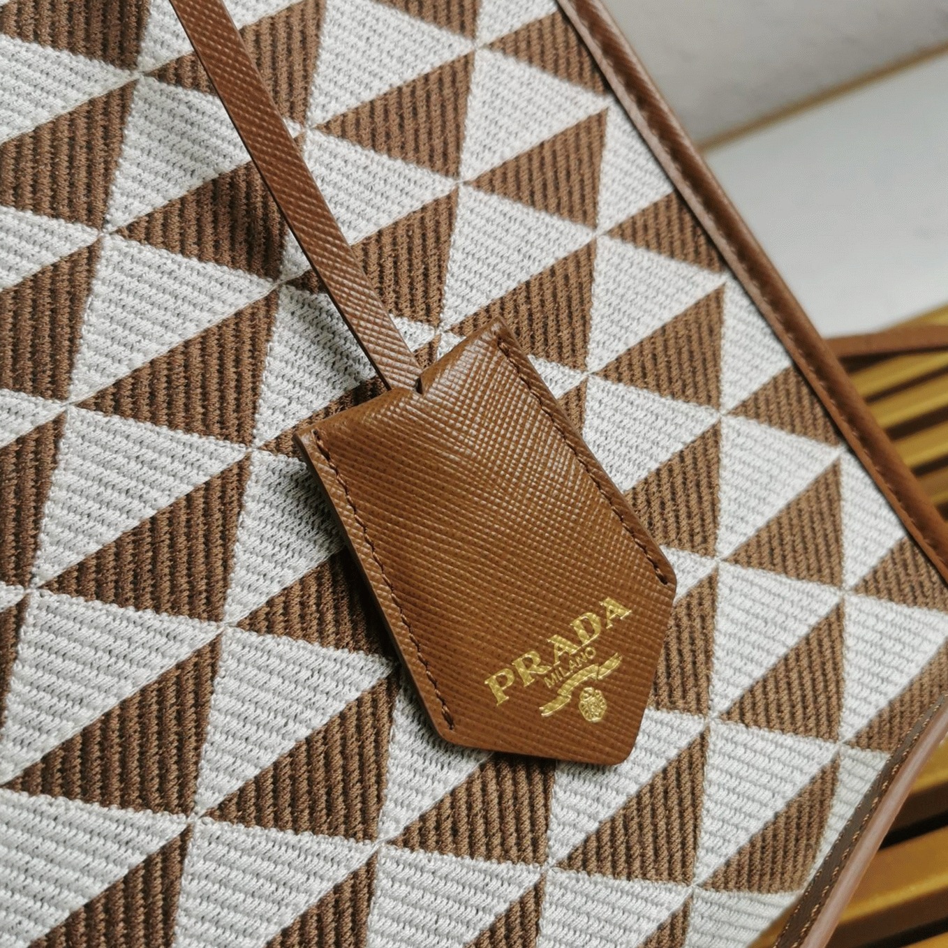 Pra*a Symbole Micro Bag Replica in White/Brown Jacquard Fabric