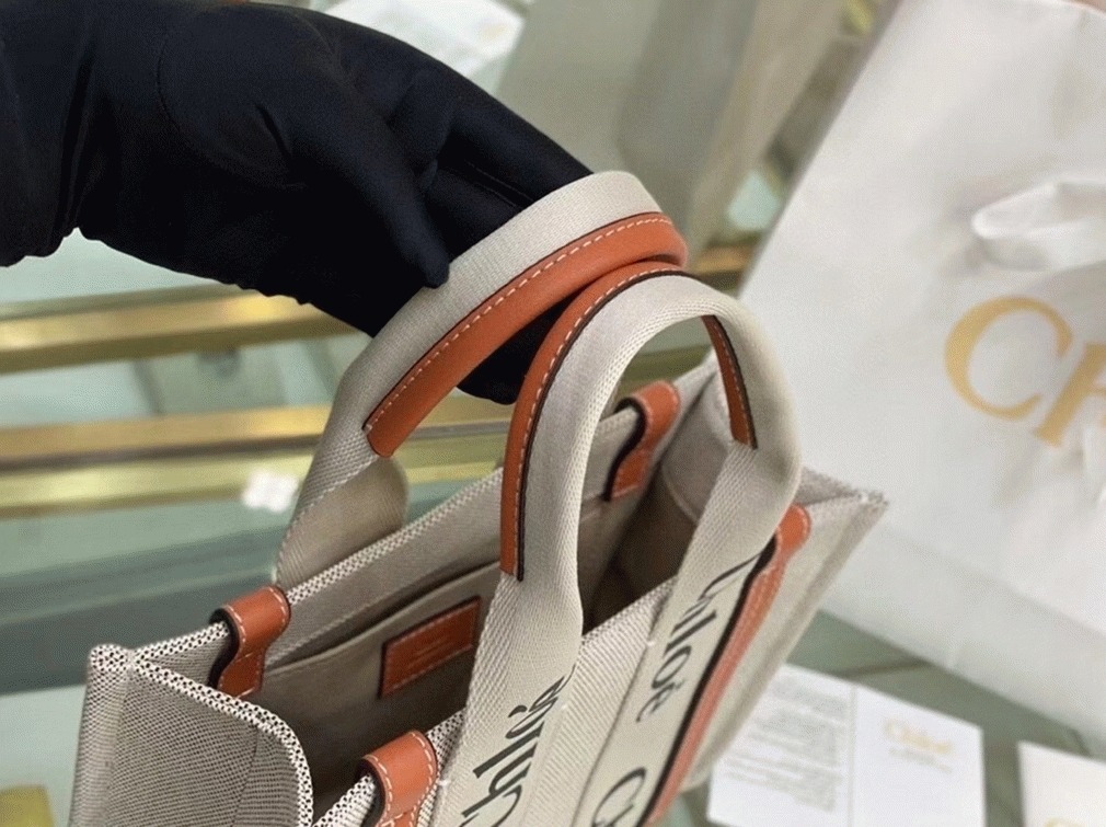 Top Quality Knockoff Chloe Small Woody Tote Bag in Canvas with Brown Leather Strips