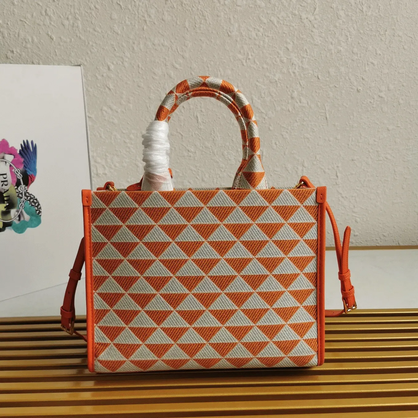 Pra*a Symbole Small Bag Fake in Orange/White Jacquard Fabric