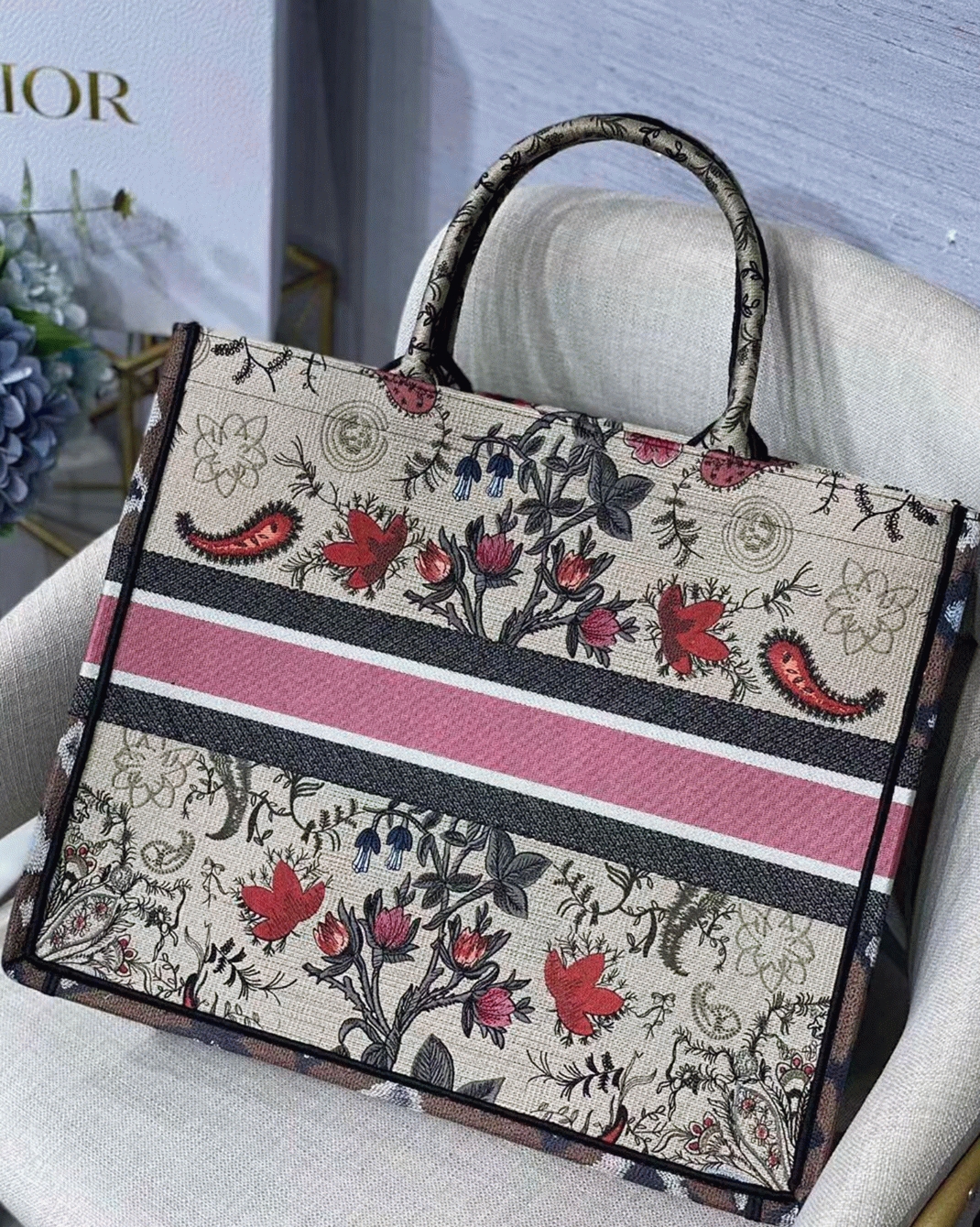 D10r Large Book Tote Bag Fake in Multicolor D10r Flowers Embroidery