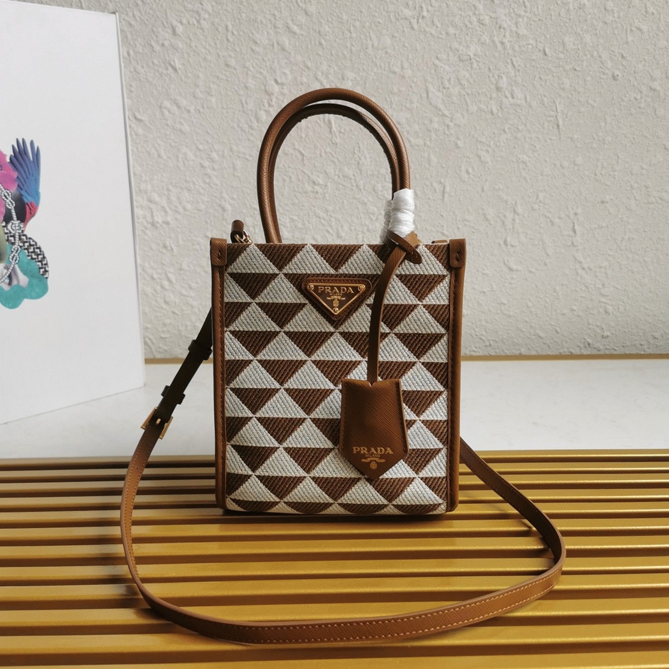 Pra*a Symbole Micro Bag Replica in White/Brown Jacquard Fabric