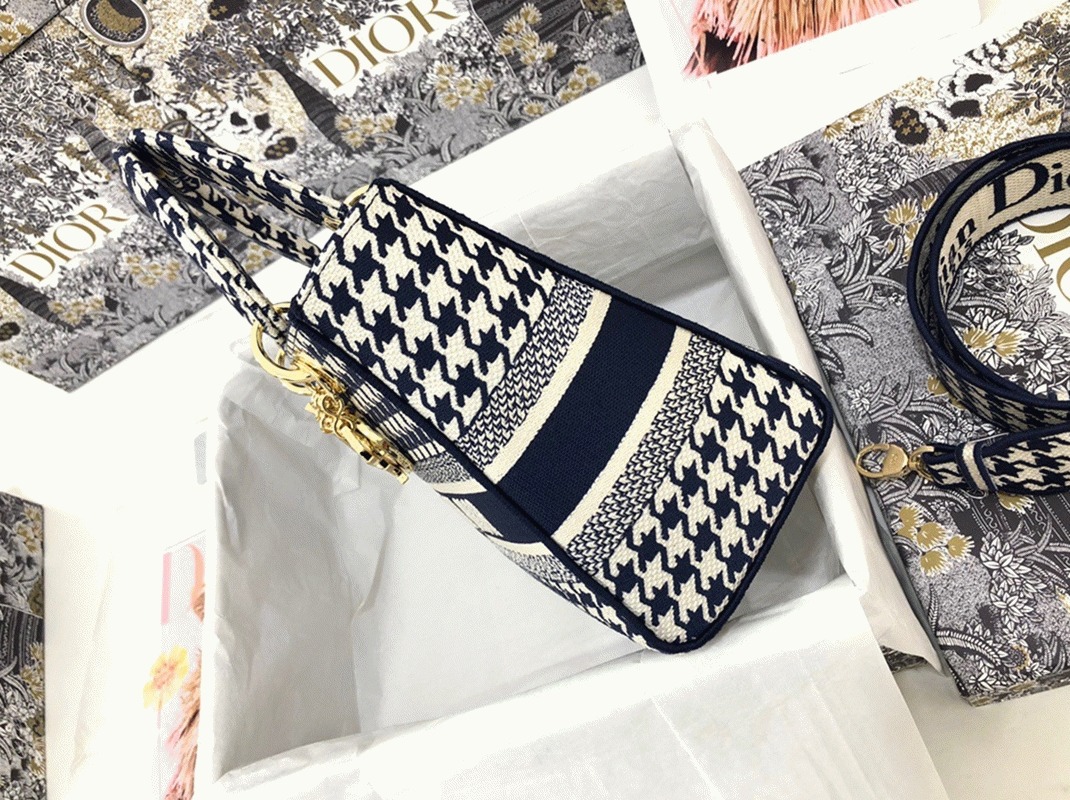 D10r Lady D-Lite Medium Bag Replica in Black White Houndstooth Embroidery