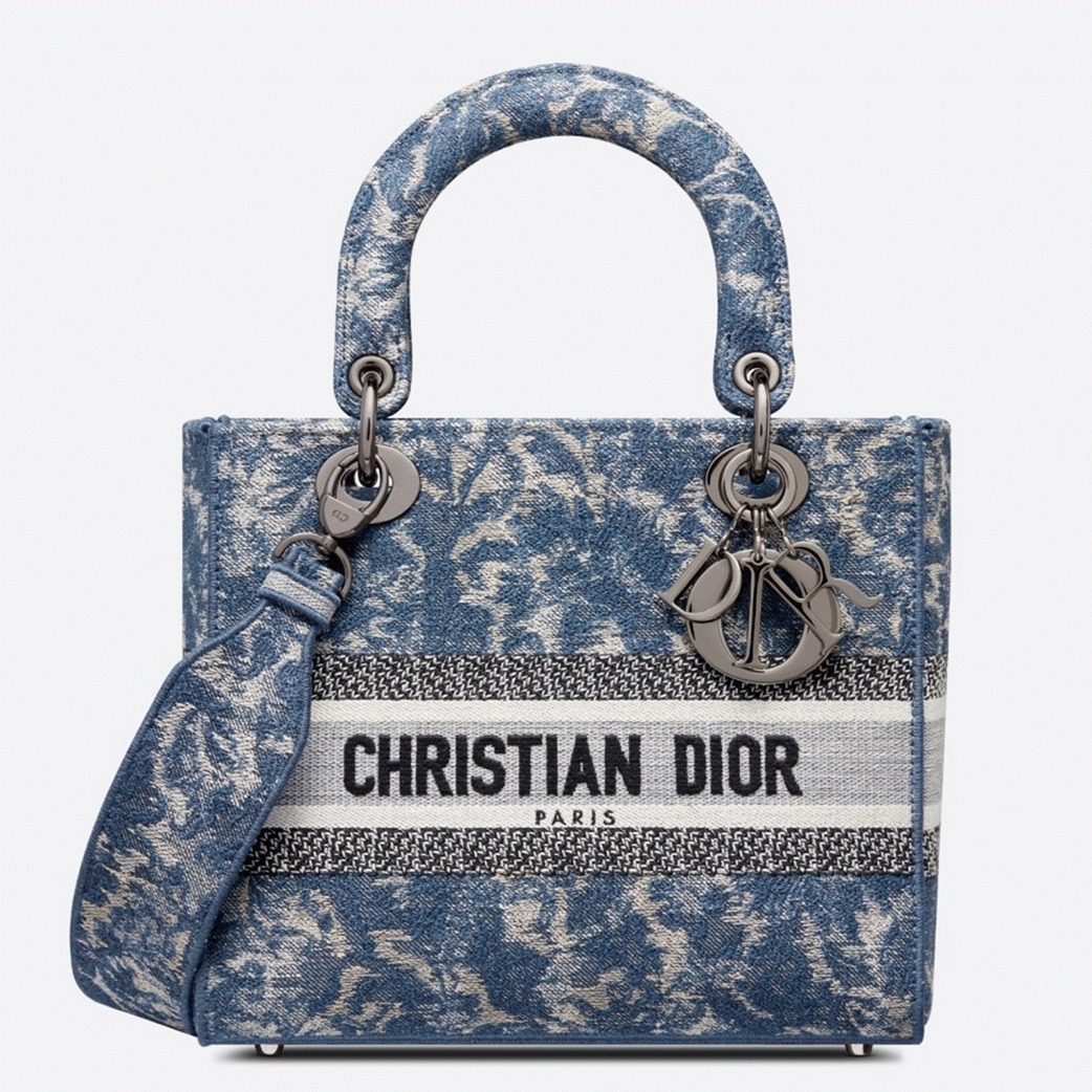 D10r Lady D-Lite Medium Bag Replica in Blue Brocart Denim-Effect Embroidery