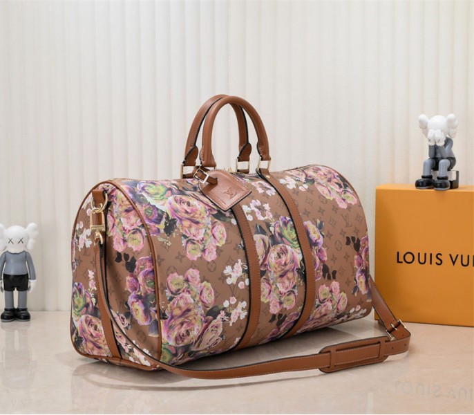 L0vis Vvtt0n Keepall Bandouliere 50 Travel Bag In Brown With Floral Pattern