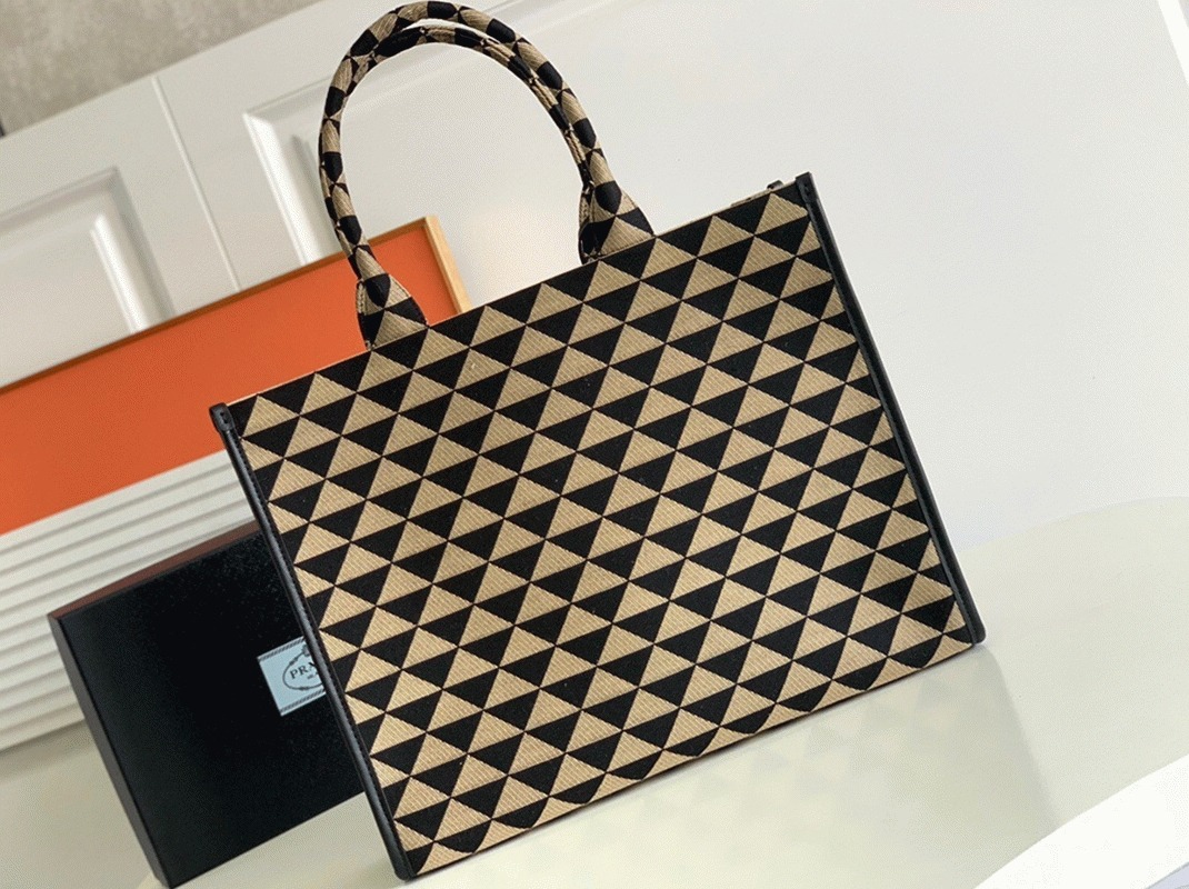 Pra*a Symbole Large Bag Knockoff in Black/Beige Jacquard Fabric