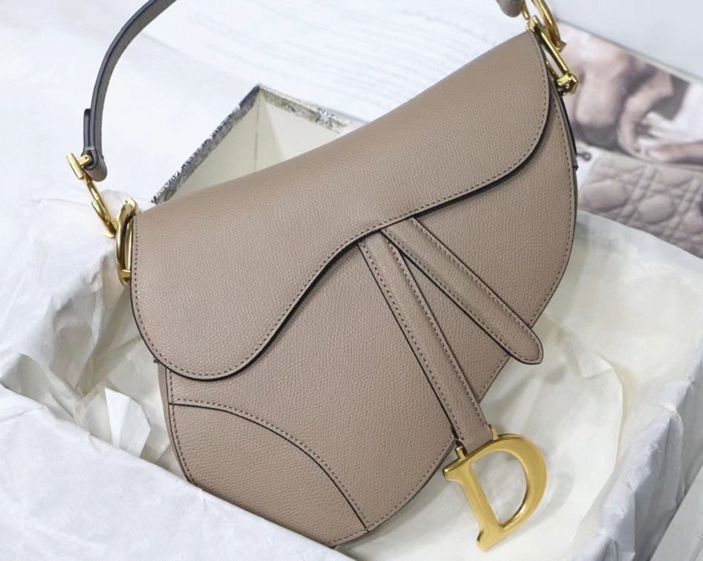 D10r Saddle Bag Fake in Warm Taupe Grained Calfskin