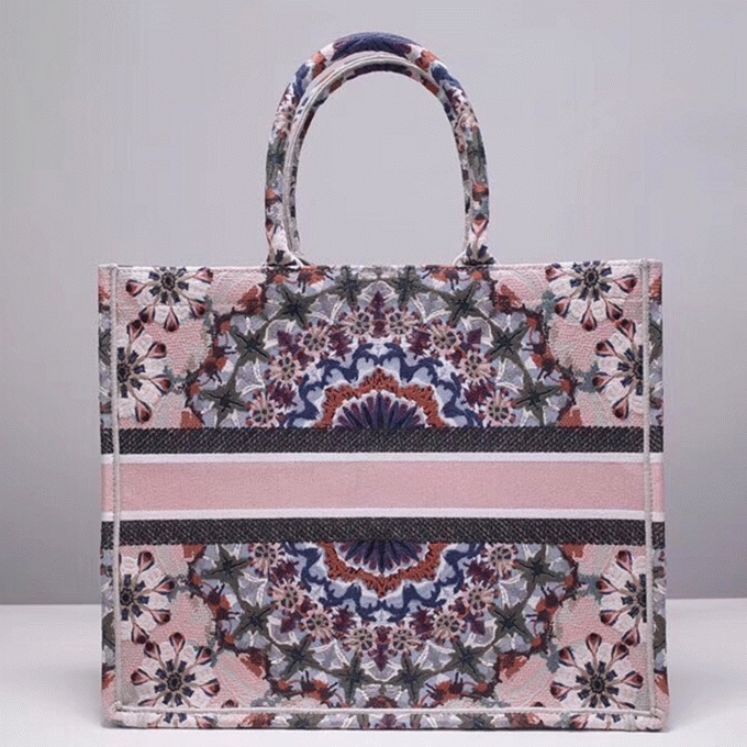 D10r Large Book Tote Bag Fake in Pink KaleiD10rscopic Embroidered Cotton
