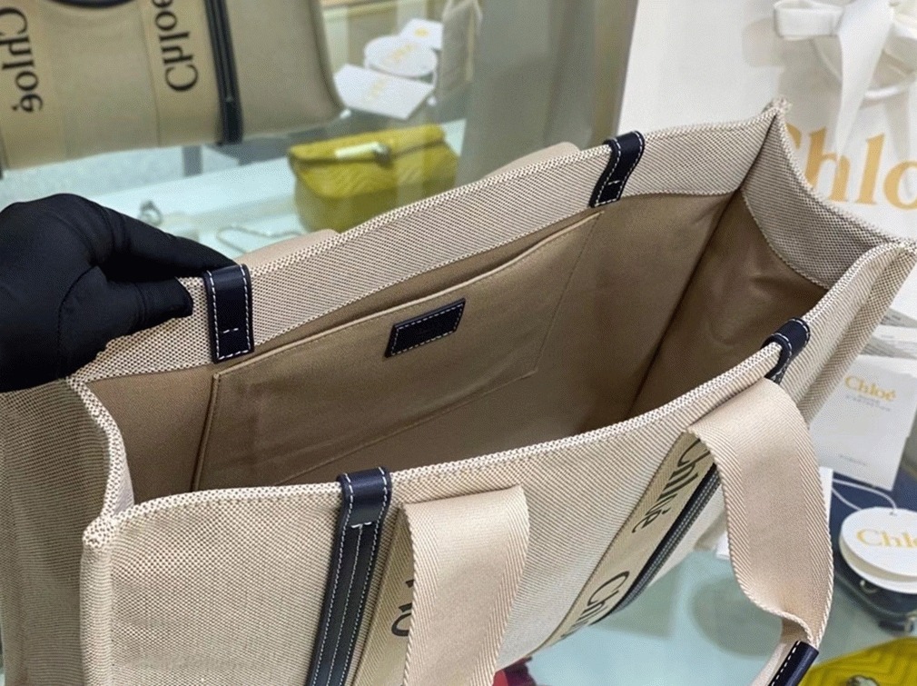 Top Quality Replica Chloe Large Woody Tote Bag in Canvas with Blue Leather Strips