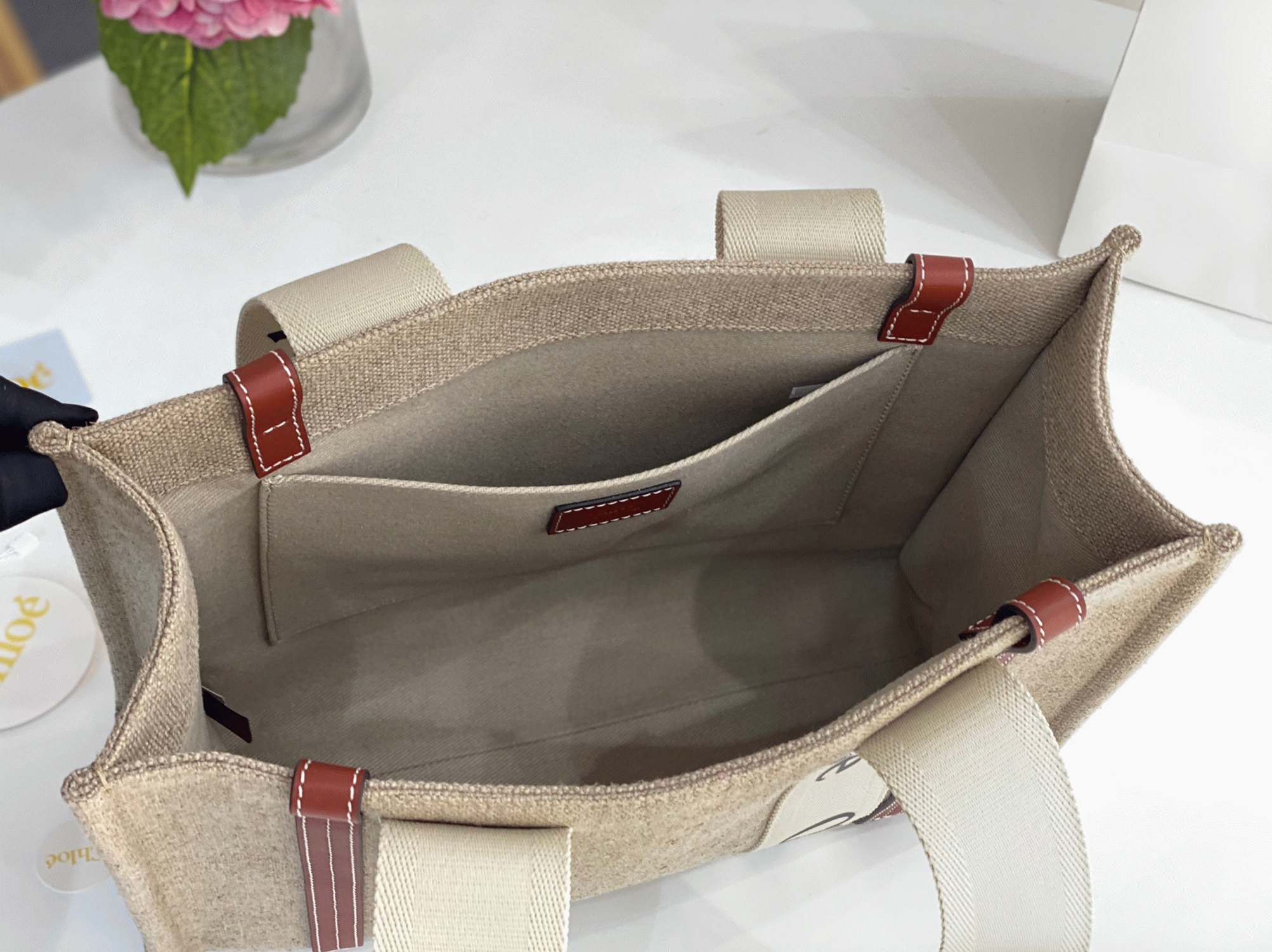 Top Quality Knockoff Chloe Woody Medium Tote Bag in Linen Canvas with Brown Leather