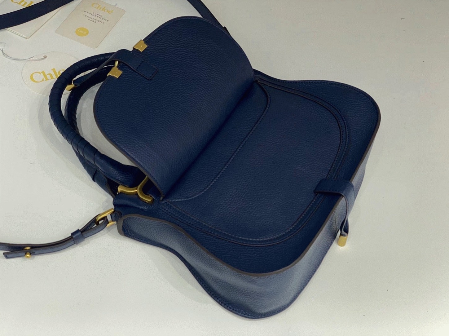 Top Quality Fake Chloe Marcie Small Double Carry Bag in Blue Grained Leather