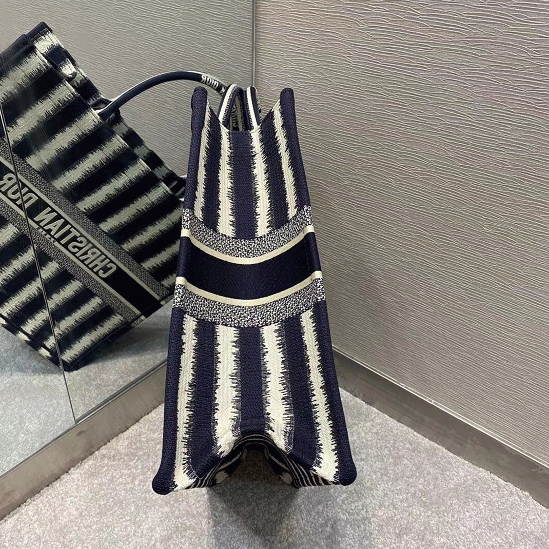 D10r Large Book Tote Bag Replica in Blue Stripes Embroidery