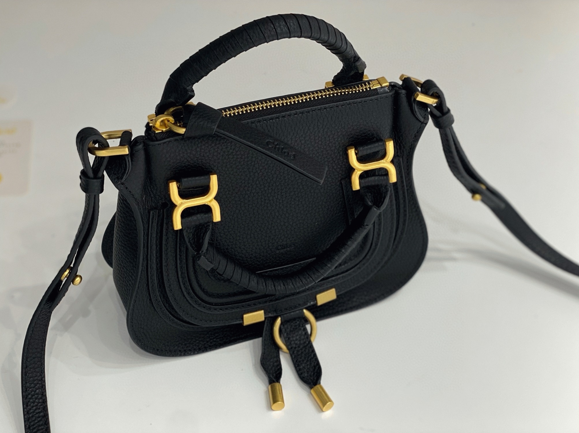 Top Quality Knockoff Chloe Marcie Mini Double Carry Bag in Black Grained Leather