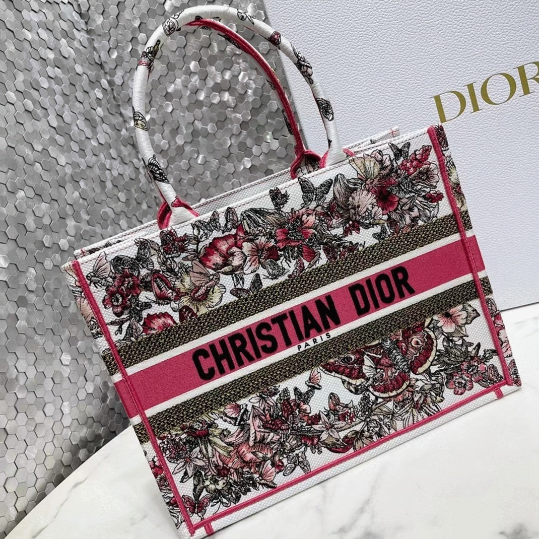 D10r Medium Book Tote Bag Fake in Multicolor Butterfly Embroidery