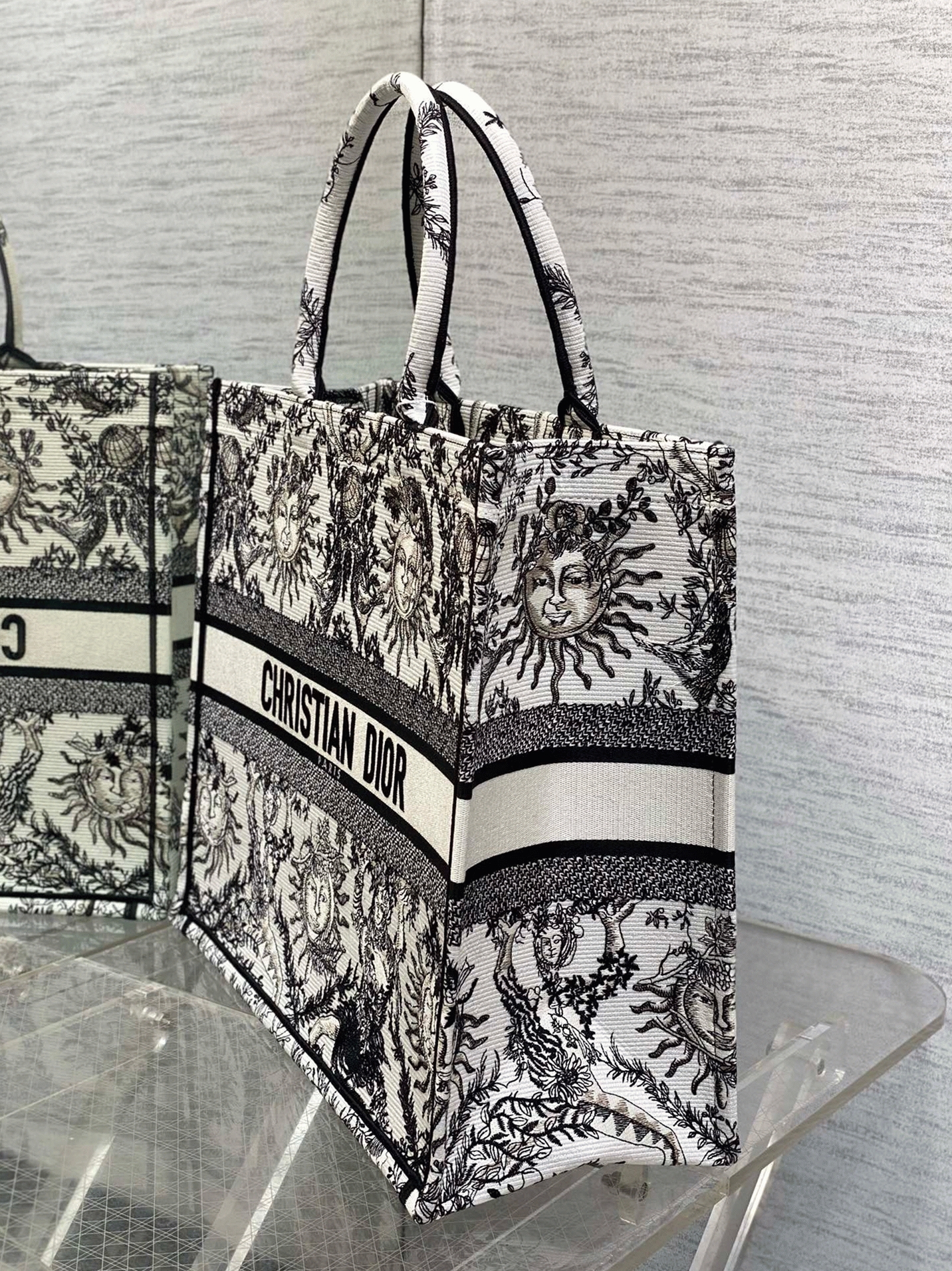 D10r Large Book Tote Bag Fake in White Toile de Jouy Soleil Embroidery