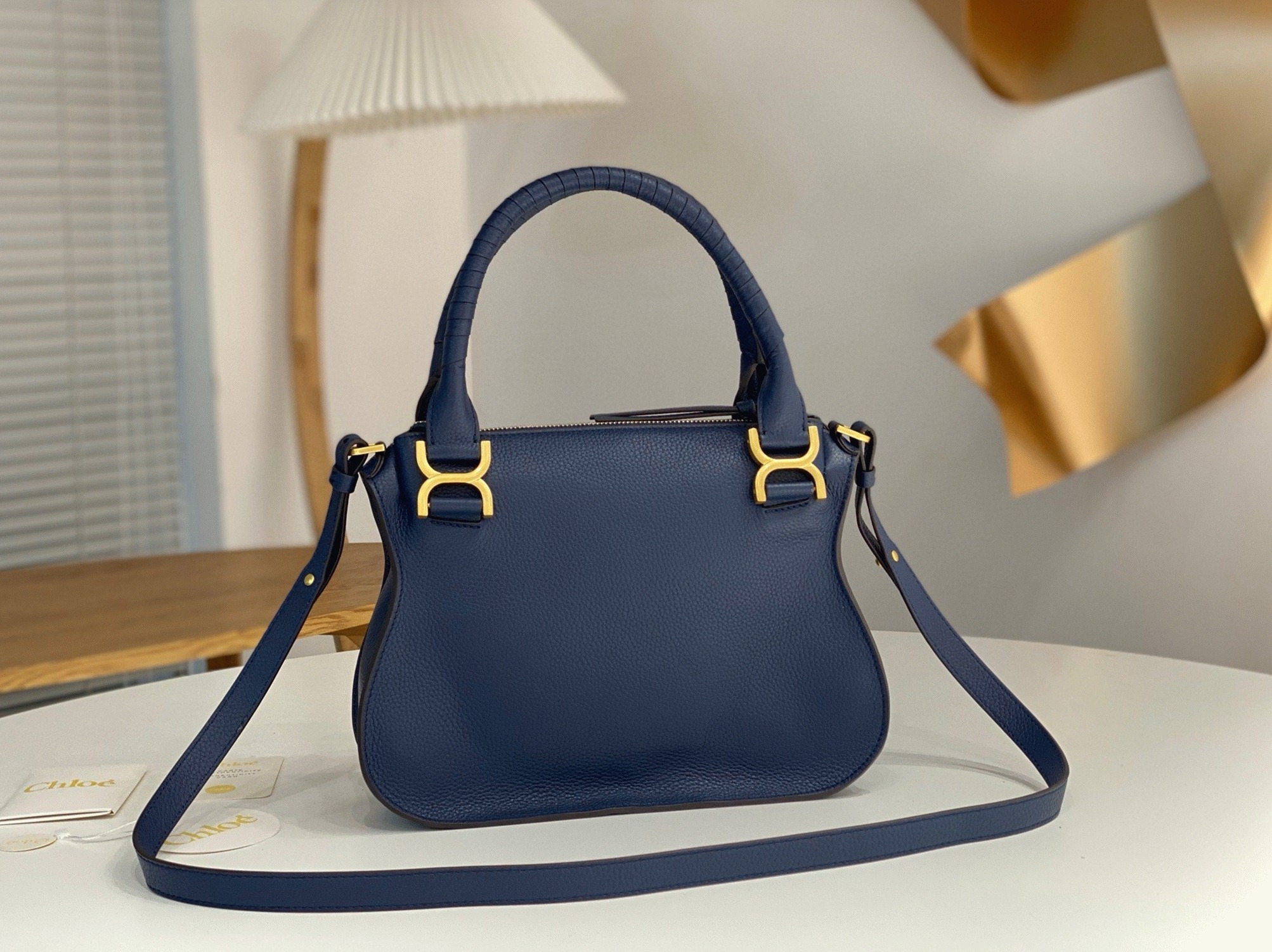 Top Quality Fake Chloe Marcie Small Double Carry Bag in Blue Grained Leather