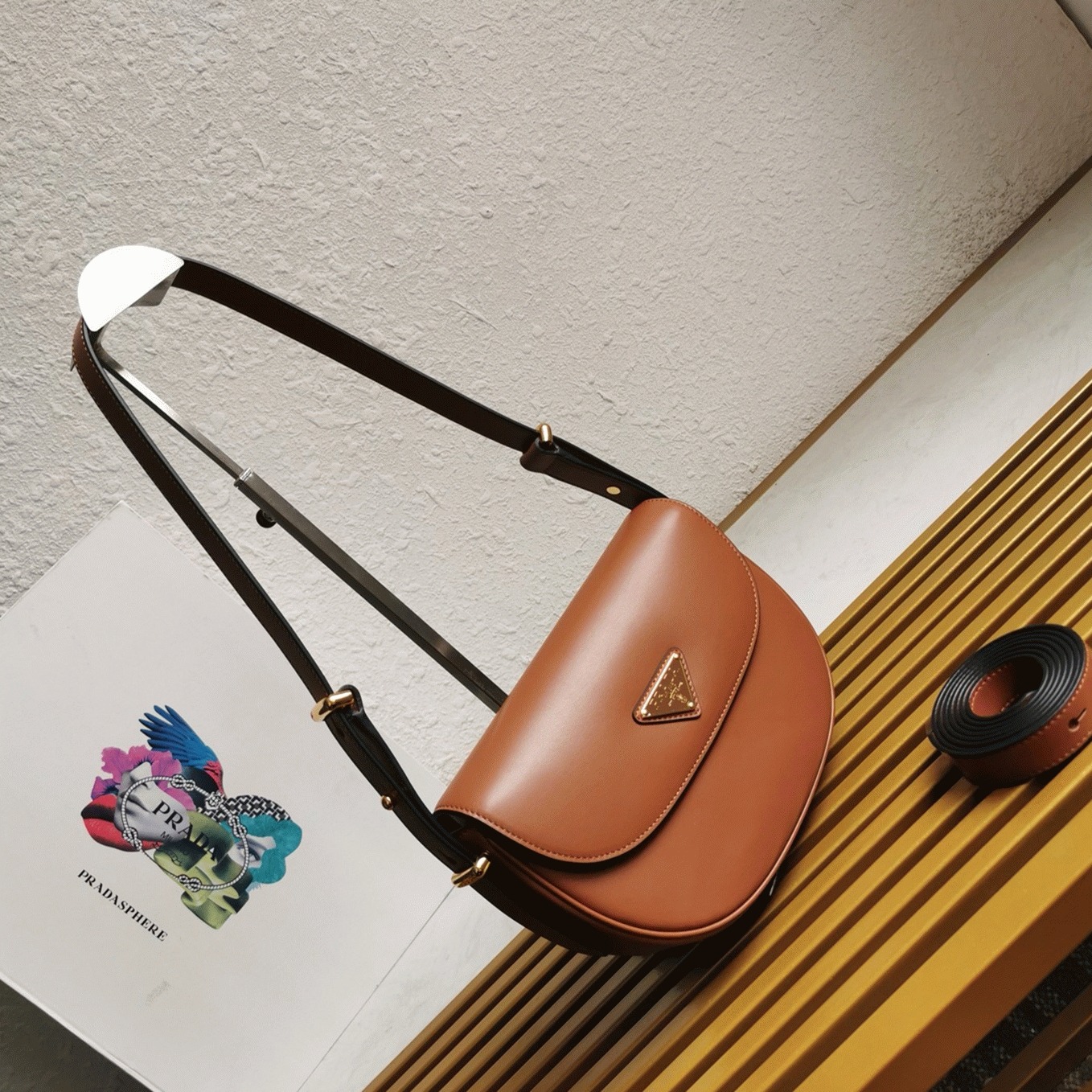 Brown Pra*a Arque Shoulder Bag with Flap Fake