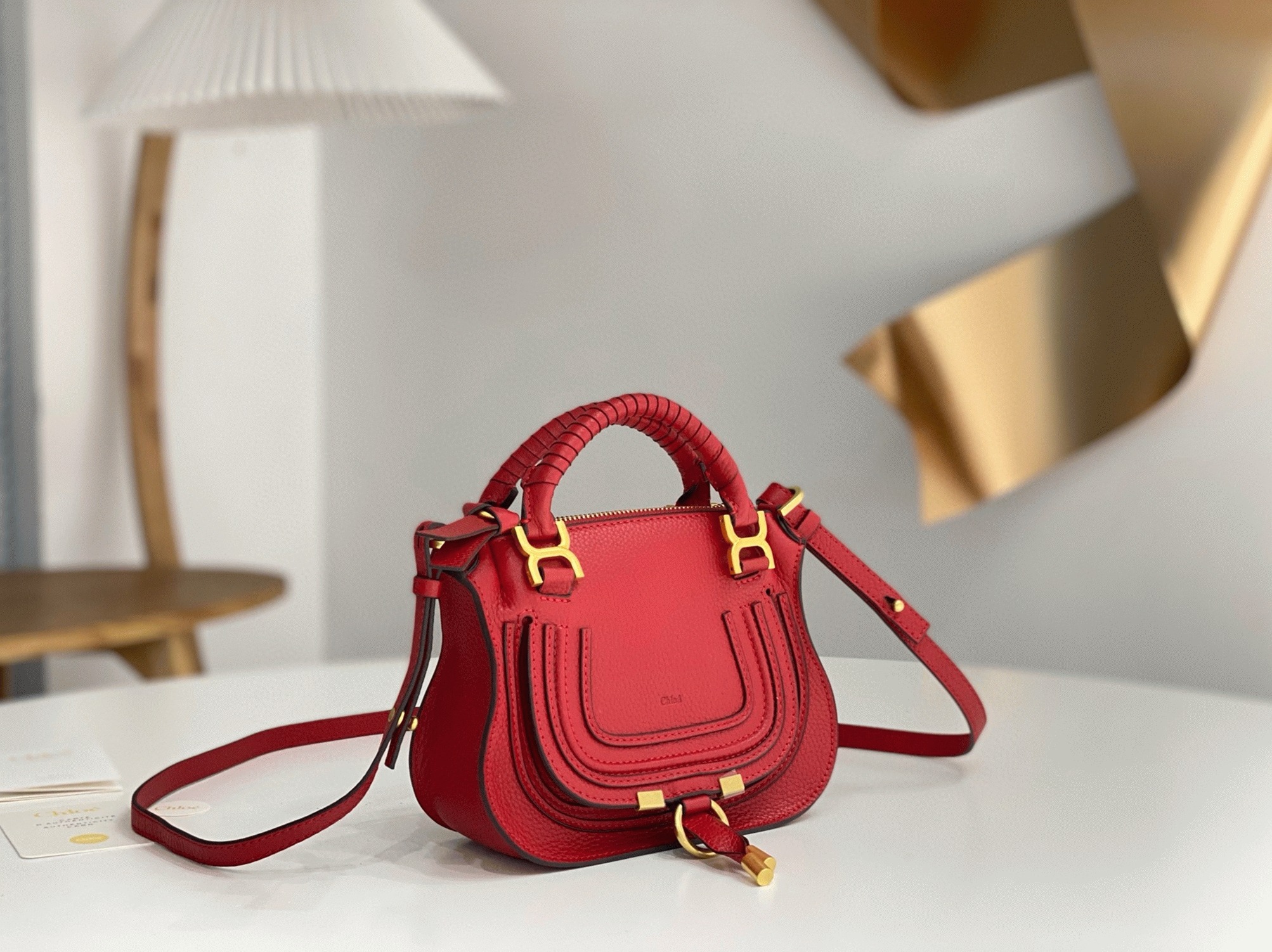 Red Grained Leather Chloe Marcie Mini Double Handle Fake Bag