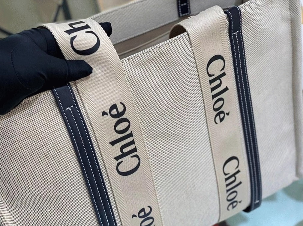 Top Quality Replica Chloe Large Woody Tote Bag in Canvas with Blue Leather Strips