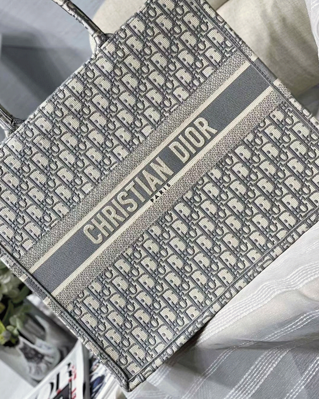 D10r Large Book Tote Bag Replica in Grey D10r Oblique Embroidery