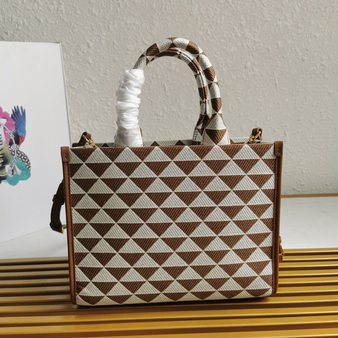 Pra*a Symbole Small Bag Knockoff in White/Brown Jacquard Fabric