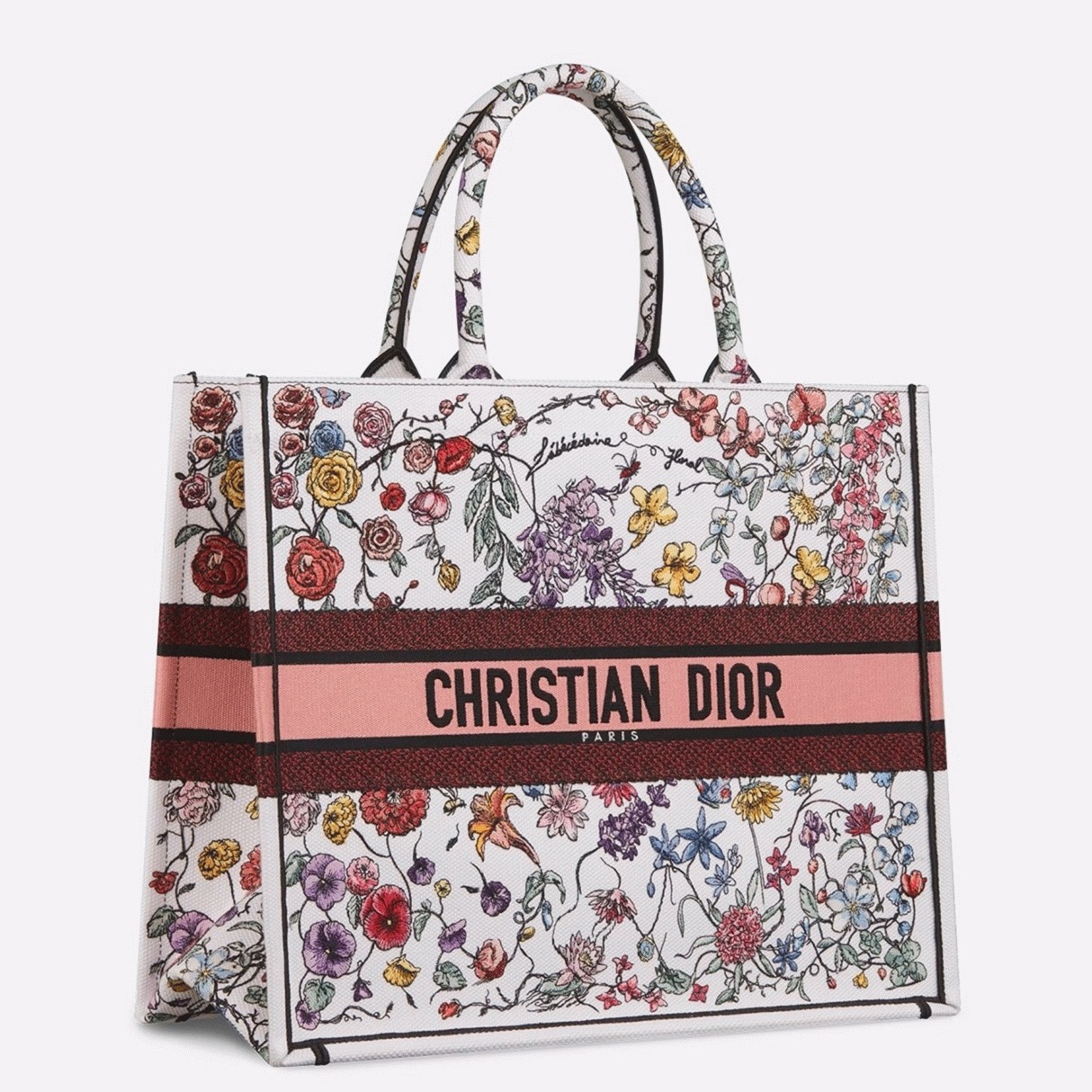 D10r Large Book Tote Bag Replica in White Multicolor Florilegio Embroidery