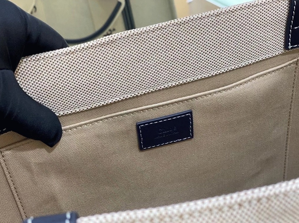 Top Quality Replica Chloe Large Woody Tote Bag in Canvas with Blue Leather Strips