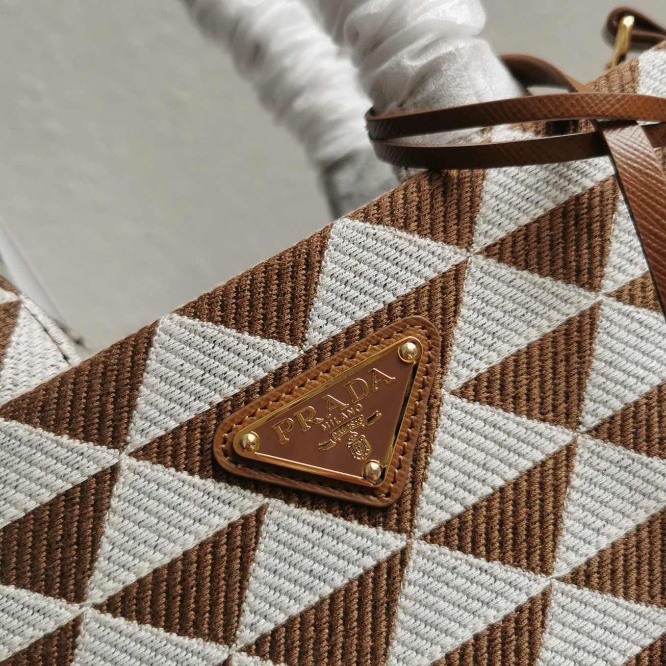 Pra*a Symbole Micro Bag Replica in White/Brown Jacquard Fabric