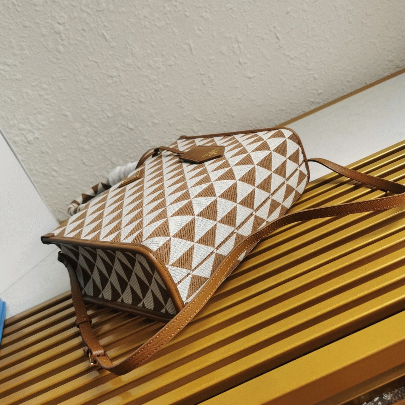 Pra*a Symbole Small Bag Knockoff in White/Brown Jacquard Fabric