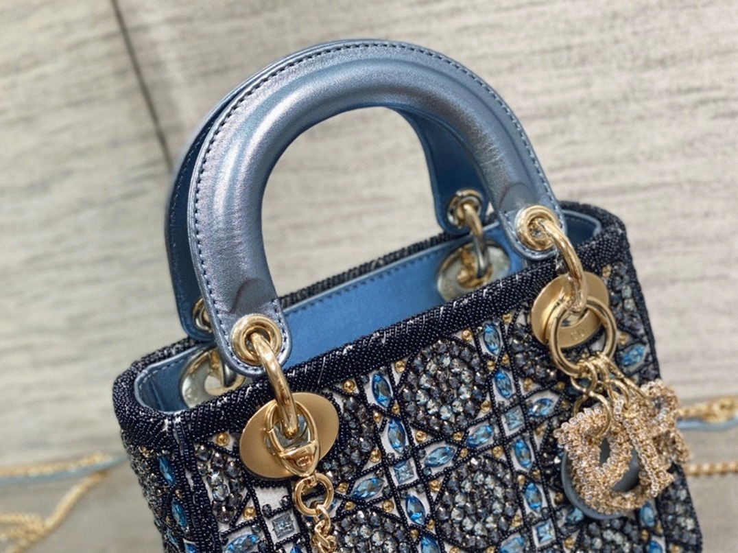 D10r Lady D10r Mini Chain Bag Replica in Satin with Blue Bead Embroidery