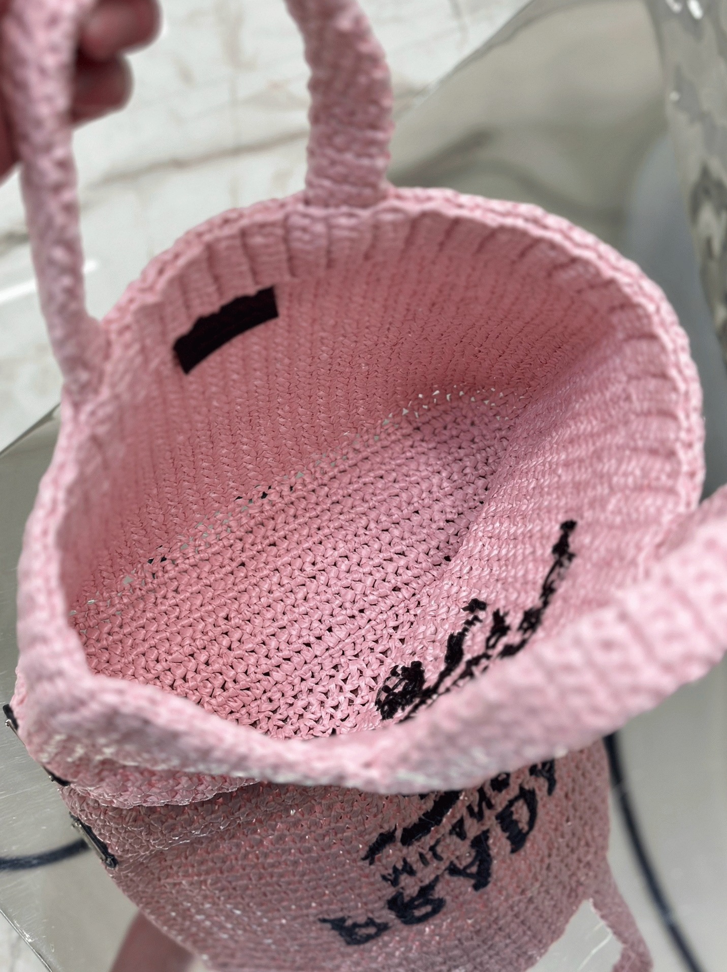 Pra*a Small Crochet Tote Bag Replica in Pink Raffia-effect Yarn