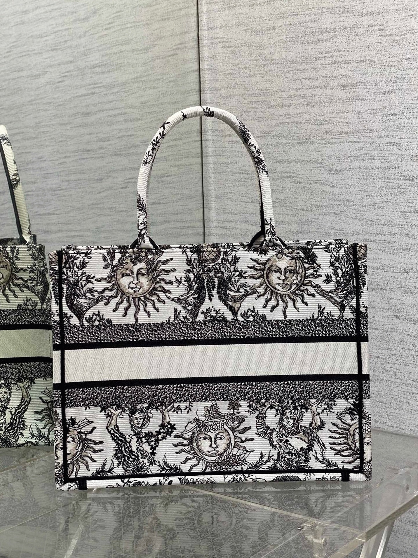 D10r Large Book Tote Bag Fake in White Toile de Jouy Soleil Embroidery