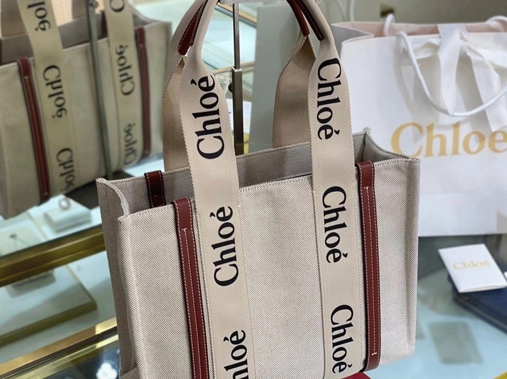 Top Quality Faux Chloe Medium Woody Tote Bag in Canvas with Brown Leather Strips