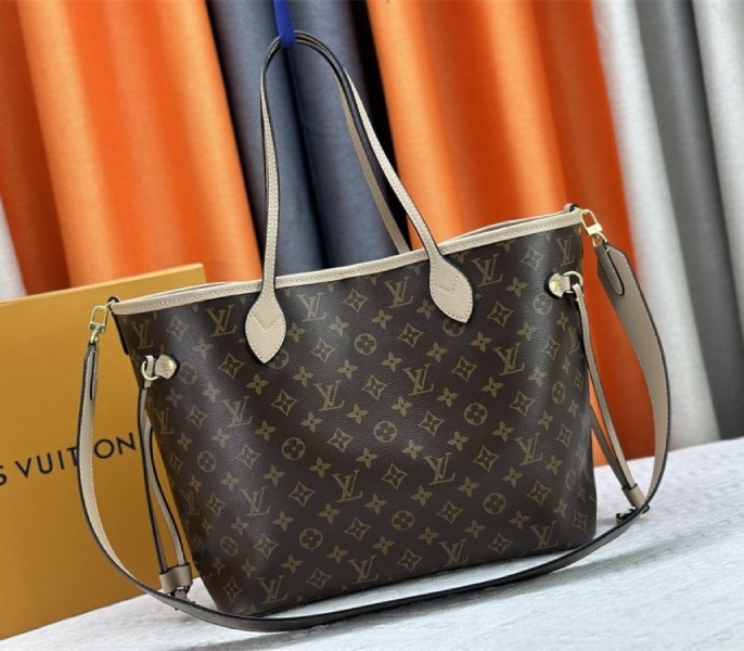L0vis Vvtt0n Neverfull Bandouliere Inside Out MM Tote In Monogram Canvas And Beige Textile And Leather
