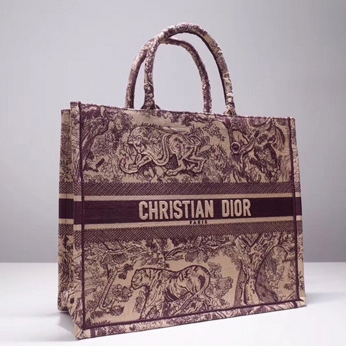 D10r Large Book Tote Bag Fake in Bordeaux Toile de Jouy Embroidery