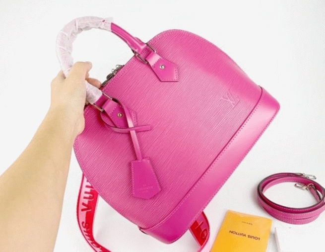 L0vis Vvtt0n Epi Leather Alma PM Handbag In Pondichery Pink With Jacquard Strap