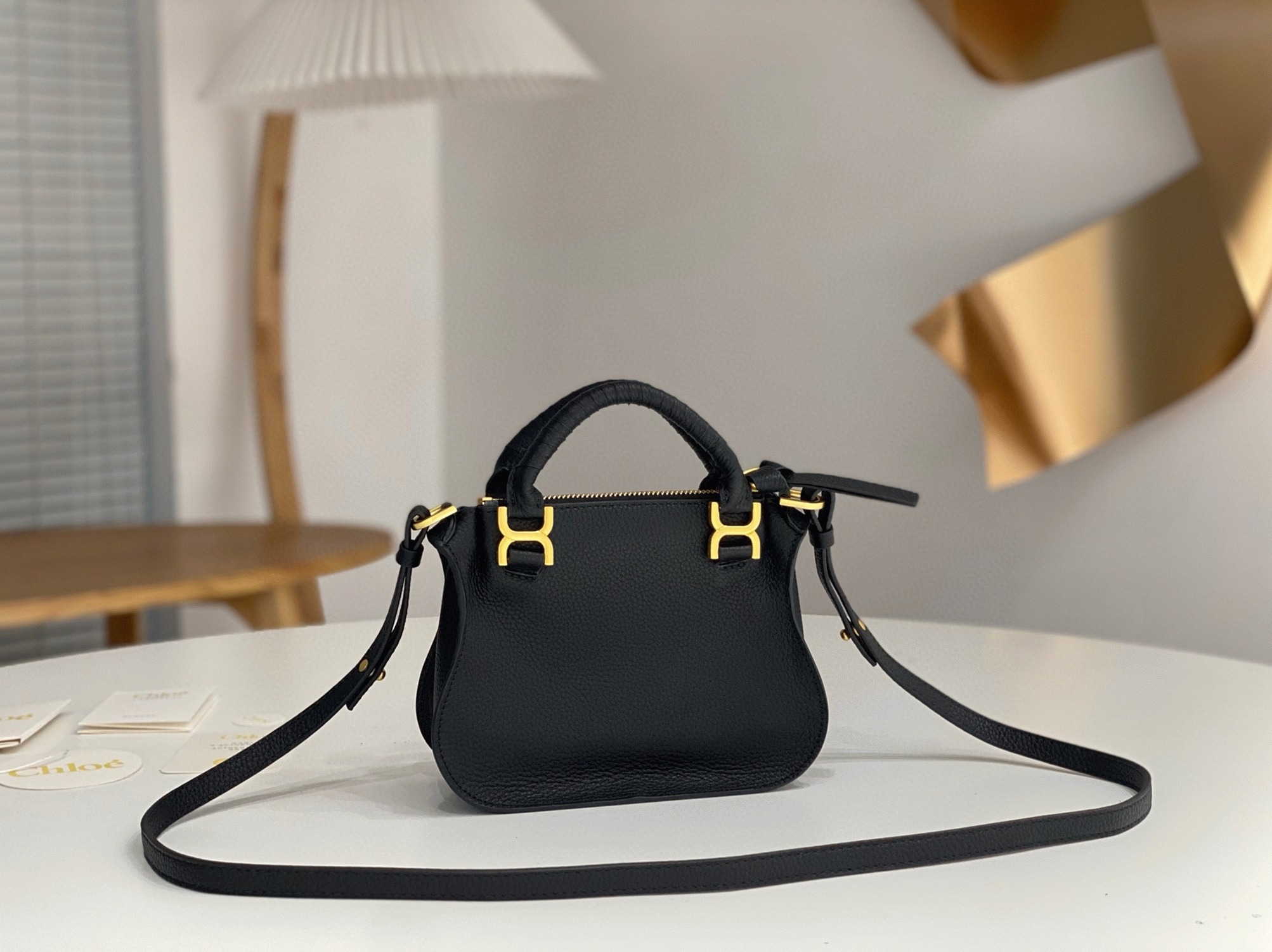 Top Quality Knockoff Chloe Marcie Mini Double Carry Bag in Black Grained Leather