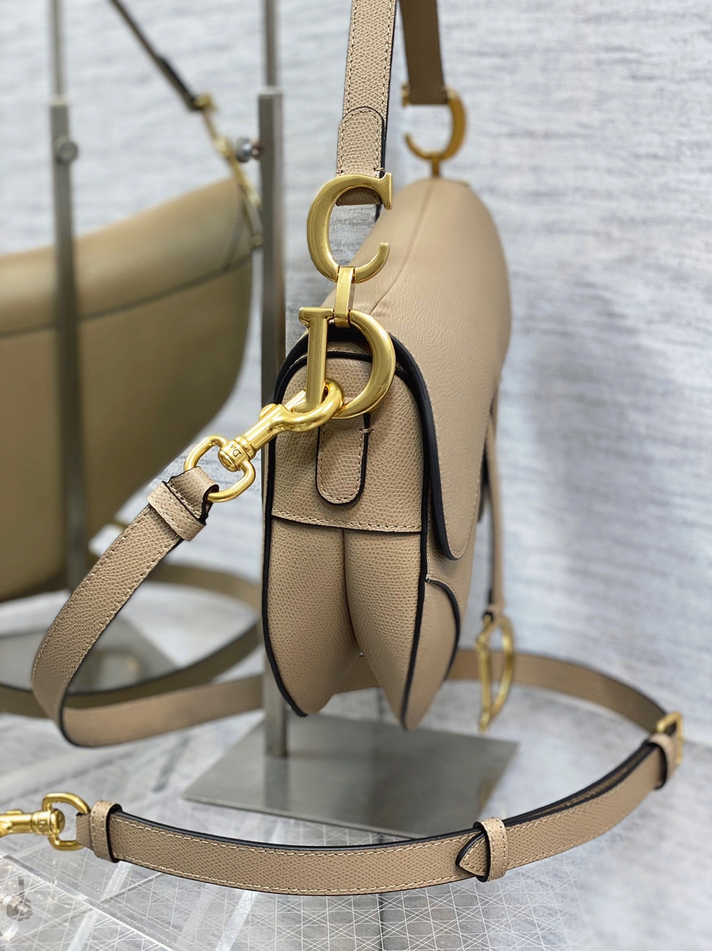 D10r Saddle Bag with Strap Replica in Sand Grained Calfskin
