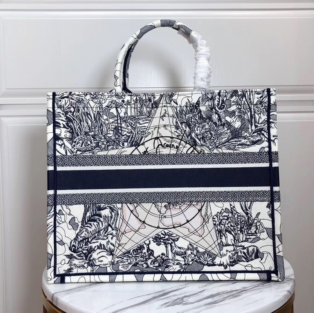 D10r Large Book Tote Bag Knockoff in Around The World Embroidered Canvas