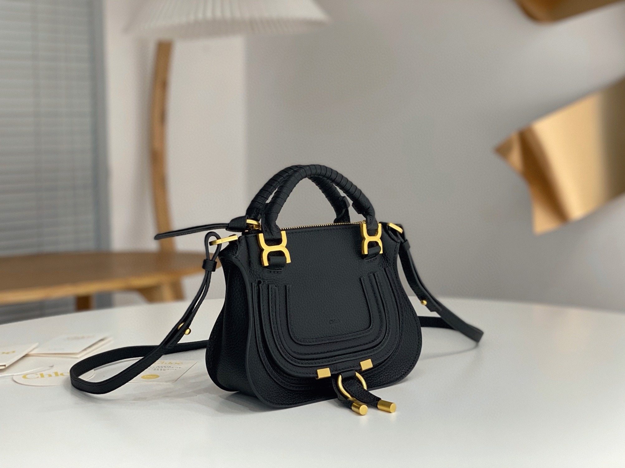 Top Quality Knockoff Chloe Marcie Mini Double Carry Bag in Black Grained Leather