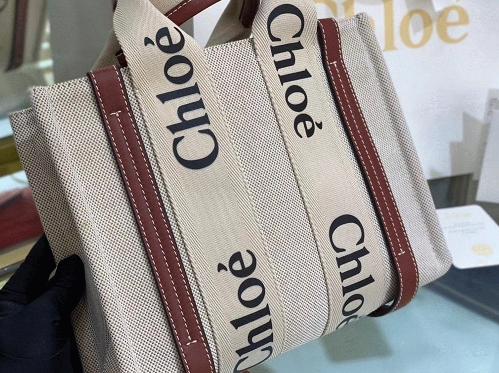 Top Quality Replica Chloe Small Woody Tote Bag in Canvas with Camel Leather Strips