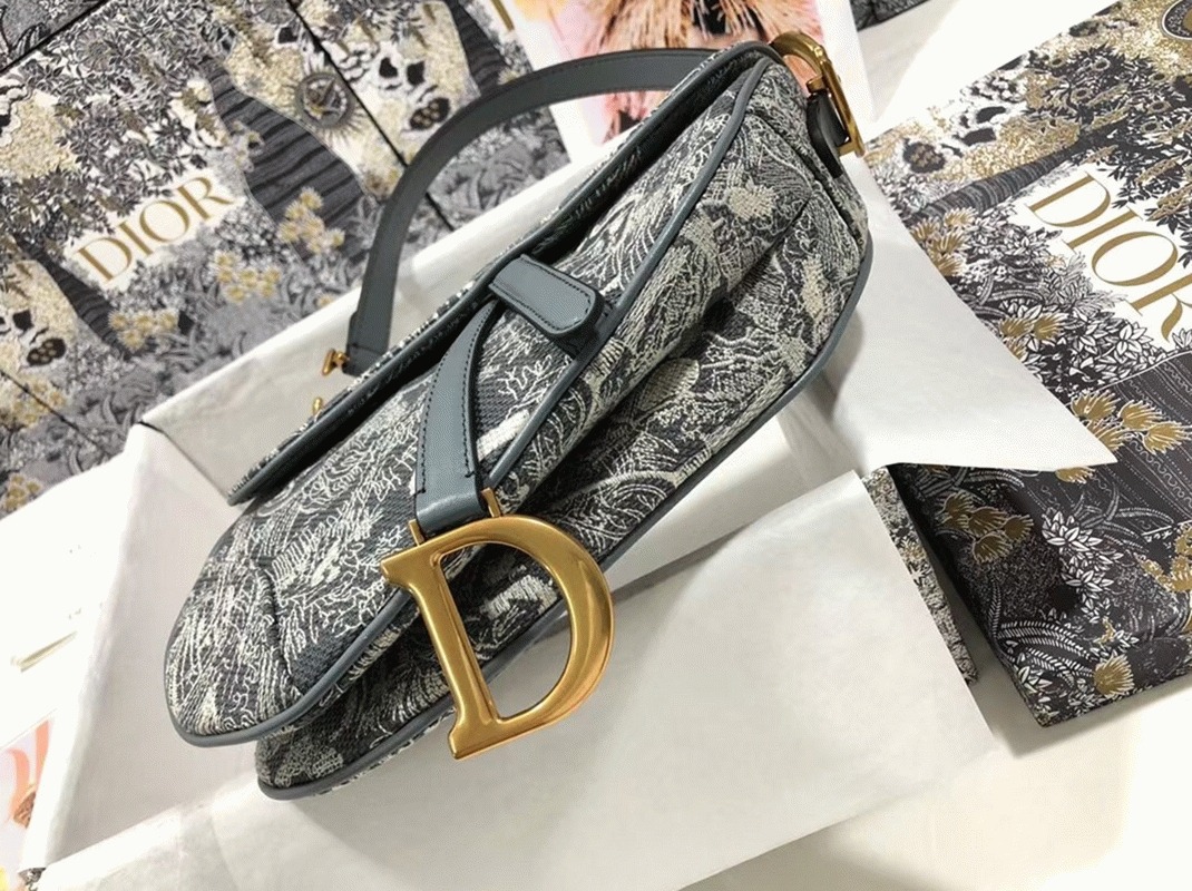 D10r Saddle Bag Faux in Grey Toile de Jouy Reverse Jacquard