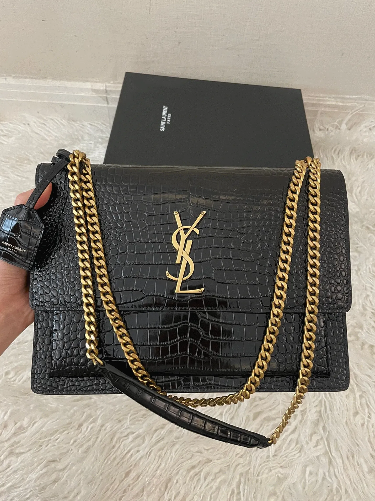 Fake Sa1nt Lau*nt Sunset Medium Chain Bag Black Crocodile-embossed Leather