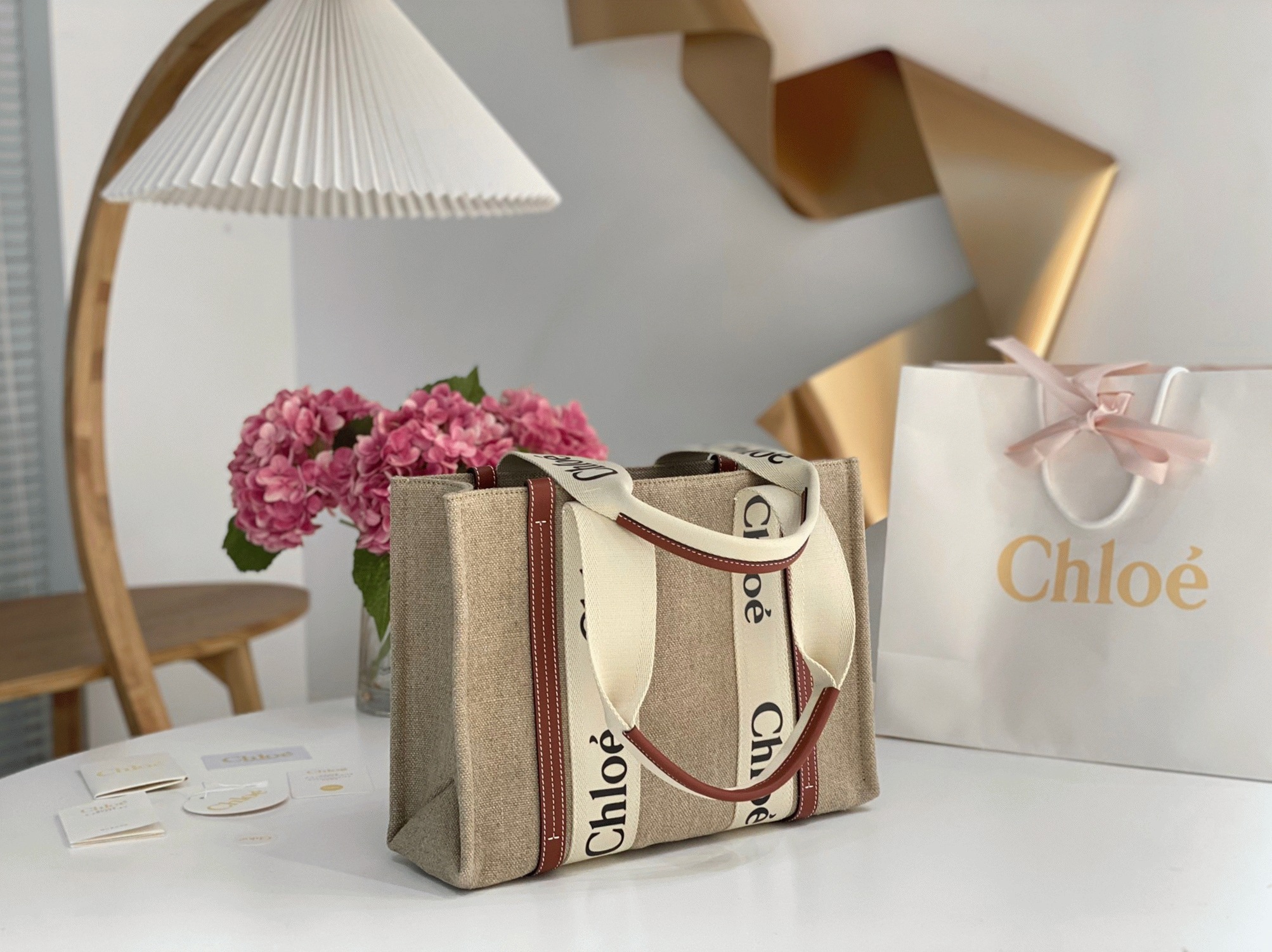 Top Quality Knockoff Chloe Woody Medium Tote Bag in Linen Canvas with Brown Leather