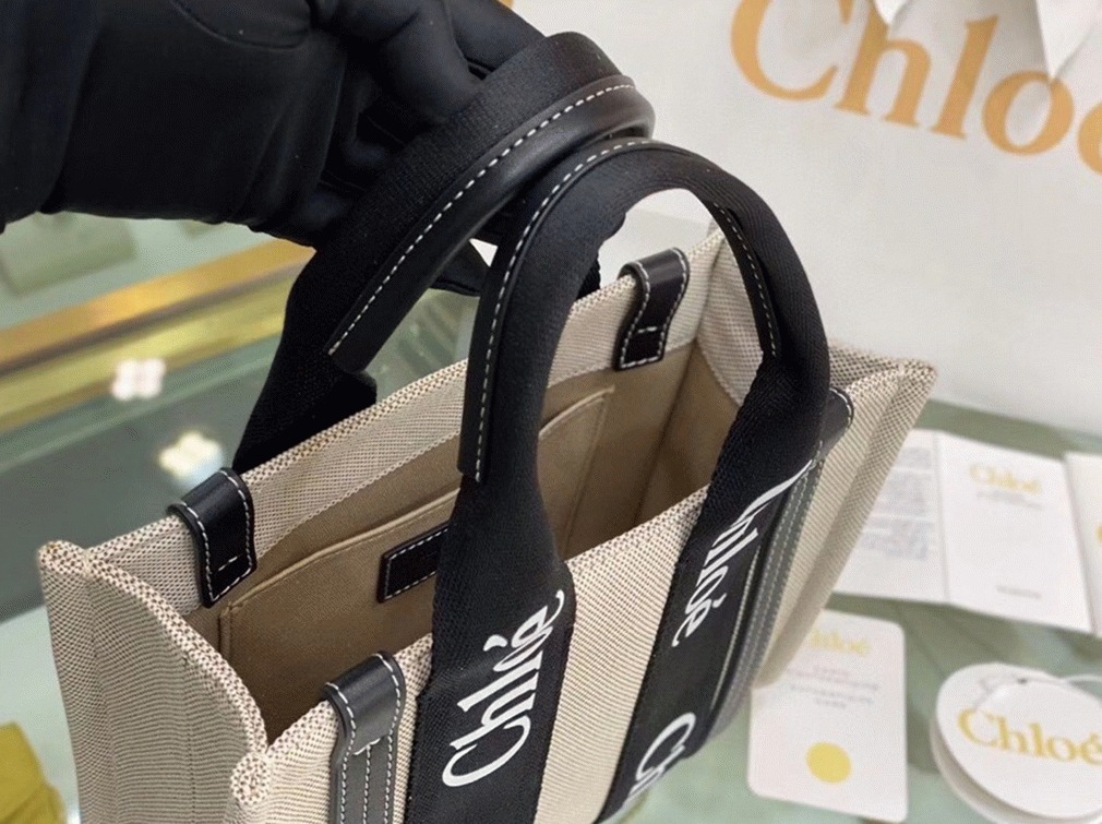 Top Quality Replica Chloe Small Woody Tote Bag in Canvas with Black Leather Strips
